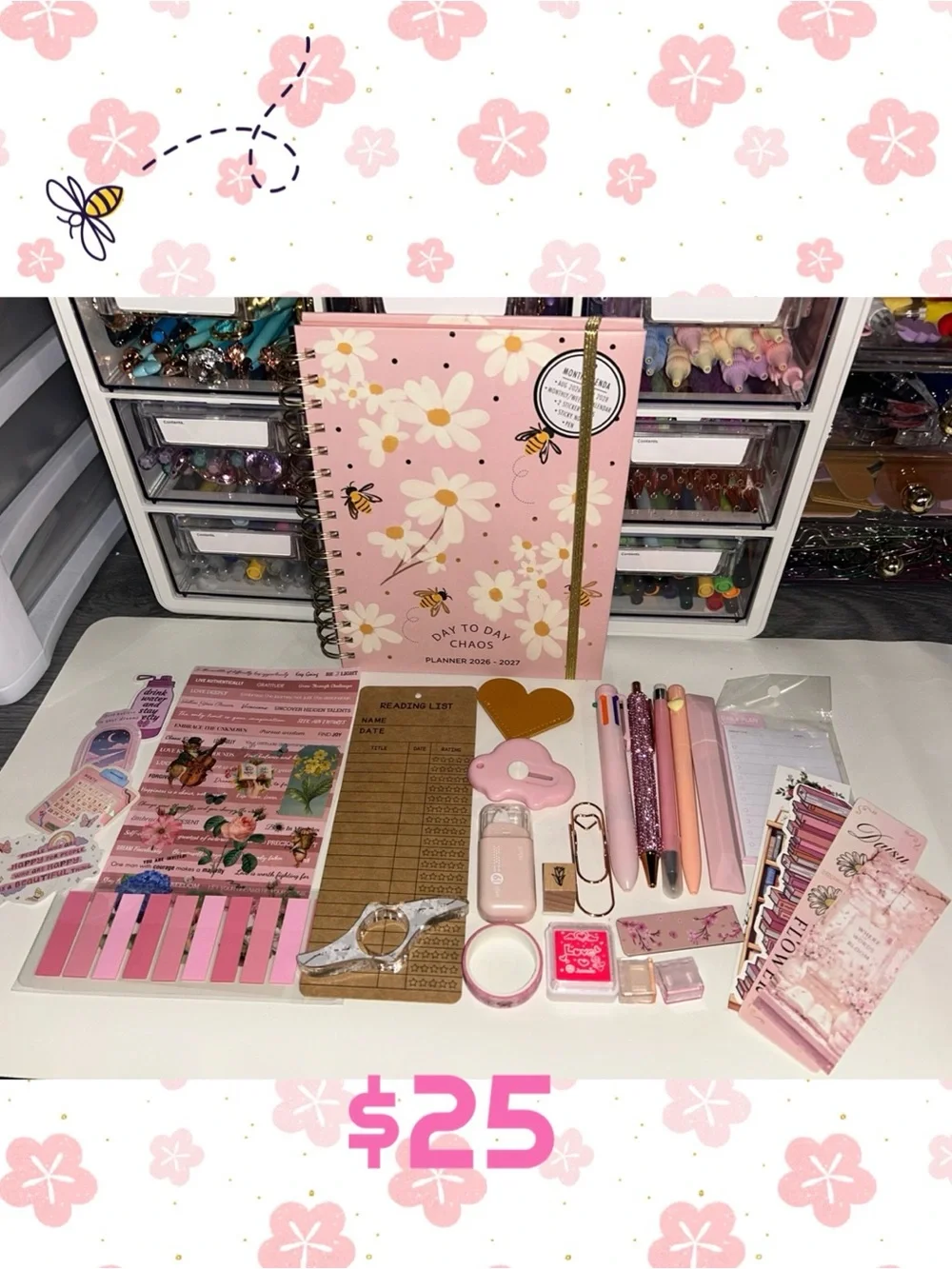 Floral Bee Spiral Planner + Pink Desk Accessory Kit